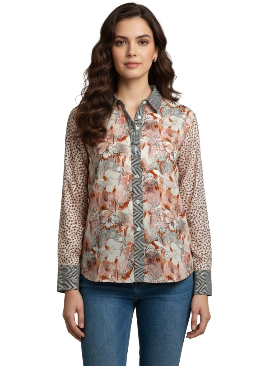ANNI Designer Bedrucktes Damenhemd aus Baumwollmischgewebe, langärmelig, normale Passform, Kragen, legere Bürokleidung, elegante Western-Kleidung für den Alltag, Hochzeit, Party