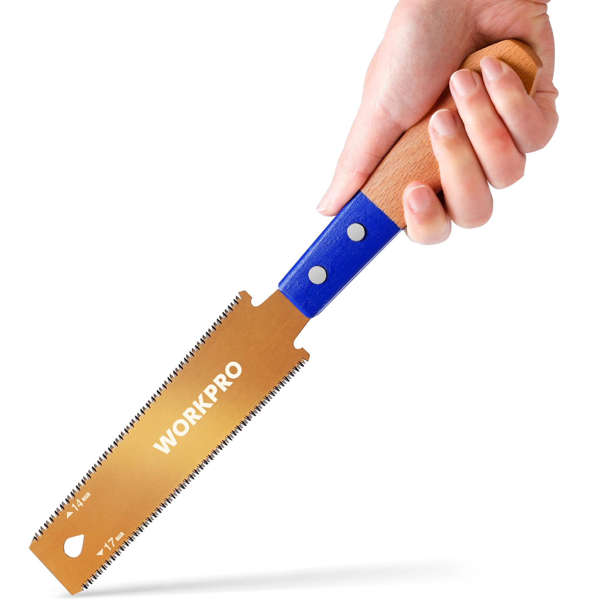 WORKPRO Sierra Japonesa de 150 mm con Hoja SK5, Doble Filo 17TPI/14TPI, Sierra con Cabeza Estrecha, Sierra de Tracción Japonesa con Mango de Madera Ergonómico, para Trabajo en Madera