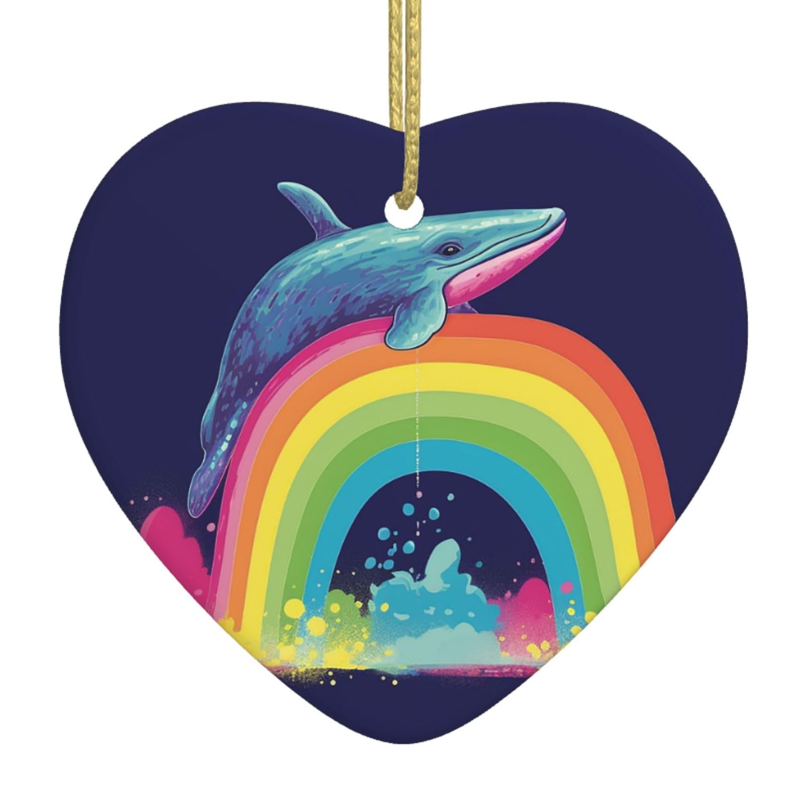 Colorful Whale On Rainbow Christmas Ornament 2025 Heart Ceramic Hanging Ornaments for Home Decor Christmas Decorations with Gold Rope Double-Sided Xmas Tree Ceramic Hanging for Holiday Party