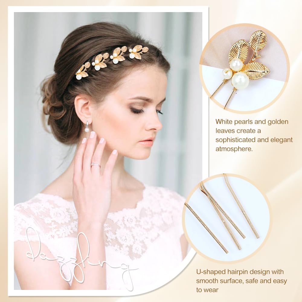 7 Pieces Gold Metal Party Prom Wedding Bridal Pearl Rhinestone Flower Hair Clips Barrettes+U-shaped Leaf Hairpins Headpieces Accessories for Brides Bridesmaids Women Girls - Image 4