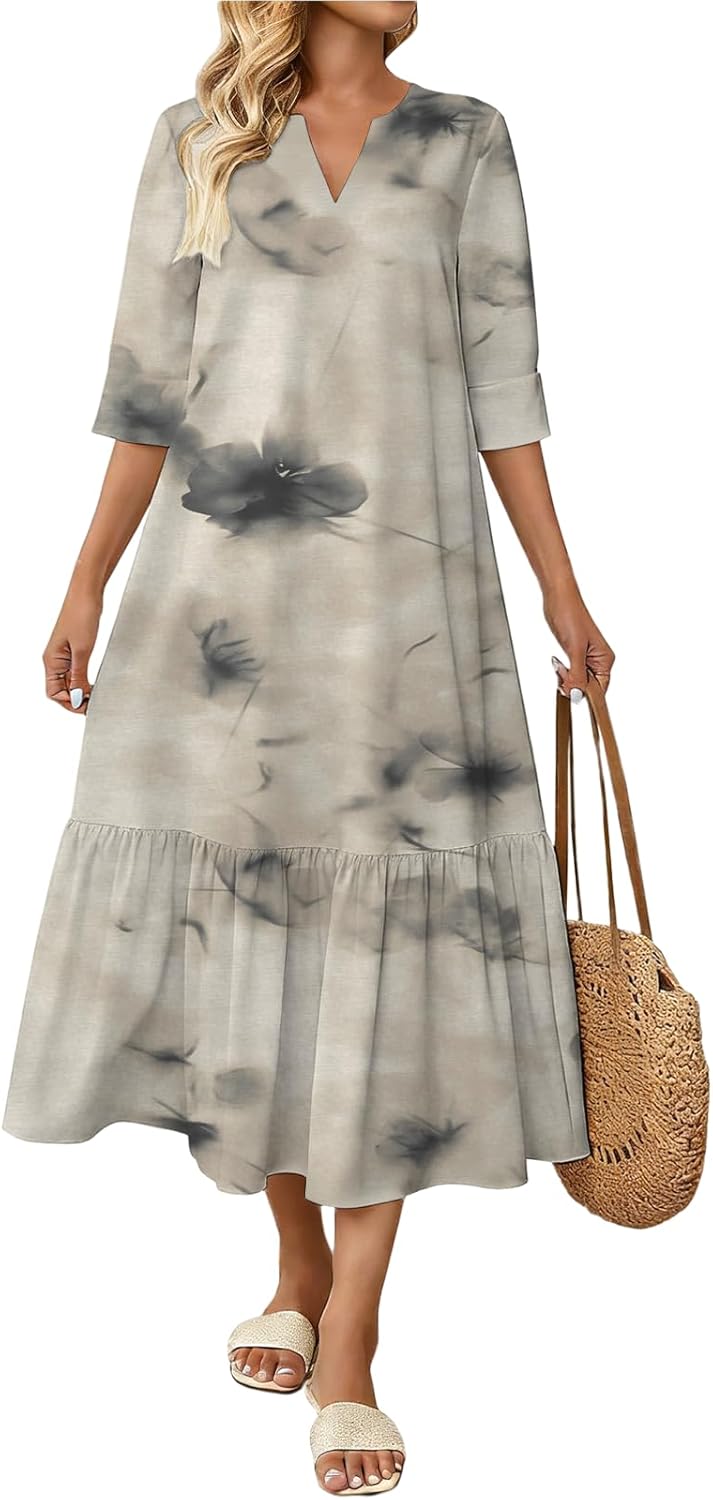 Womens Boho Floral Dress Loose Fit 3/4 Sleeve Flowy Sundress Comfortable Casual Dresses with Ruffle Hem