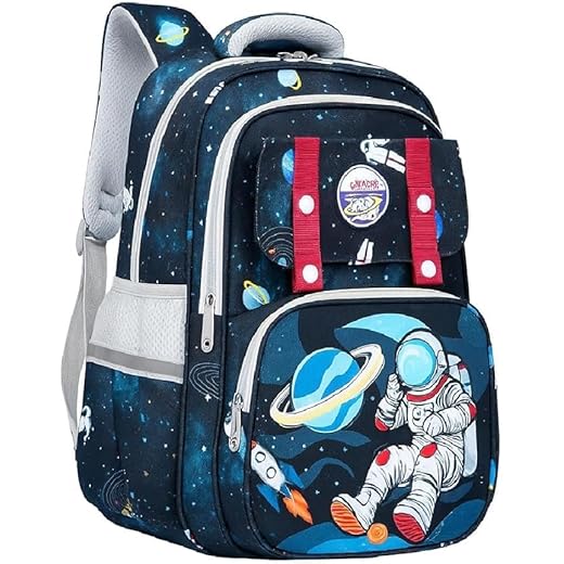 Mochila Escolar Infantil Astronauta, Ortopédica, Acolchoada, Reforçada, para Meninos 7-12 Anos, Design Espacial (AZUL/BRANCO)