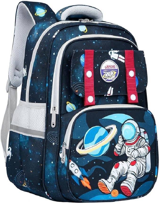 Mochila Escolar Infantil Astronauta, Ortopédica, Acolchoada, Reforçada, para Meninos 7-12 Anos, Design Espacial (AZUL/BRANCO)