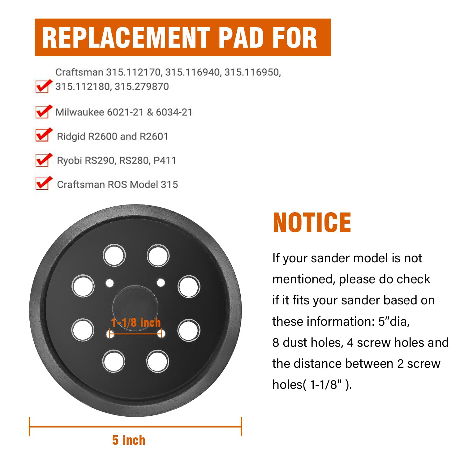2-Pack 5-Inch Hook & Loop Sander Pads - Replacement For Milwaukee, Rigid, Craftsman Random Orbit Sanders