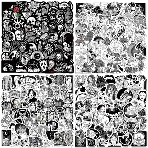 200Pcs Goth Stickers Pack Black and White Sticker Cool Skull Stickers for Adults Mens Teens Girls Waterproof Vinyl Horror Decals for Water Bottle Laptop Luggage Journal Scrapbooking