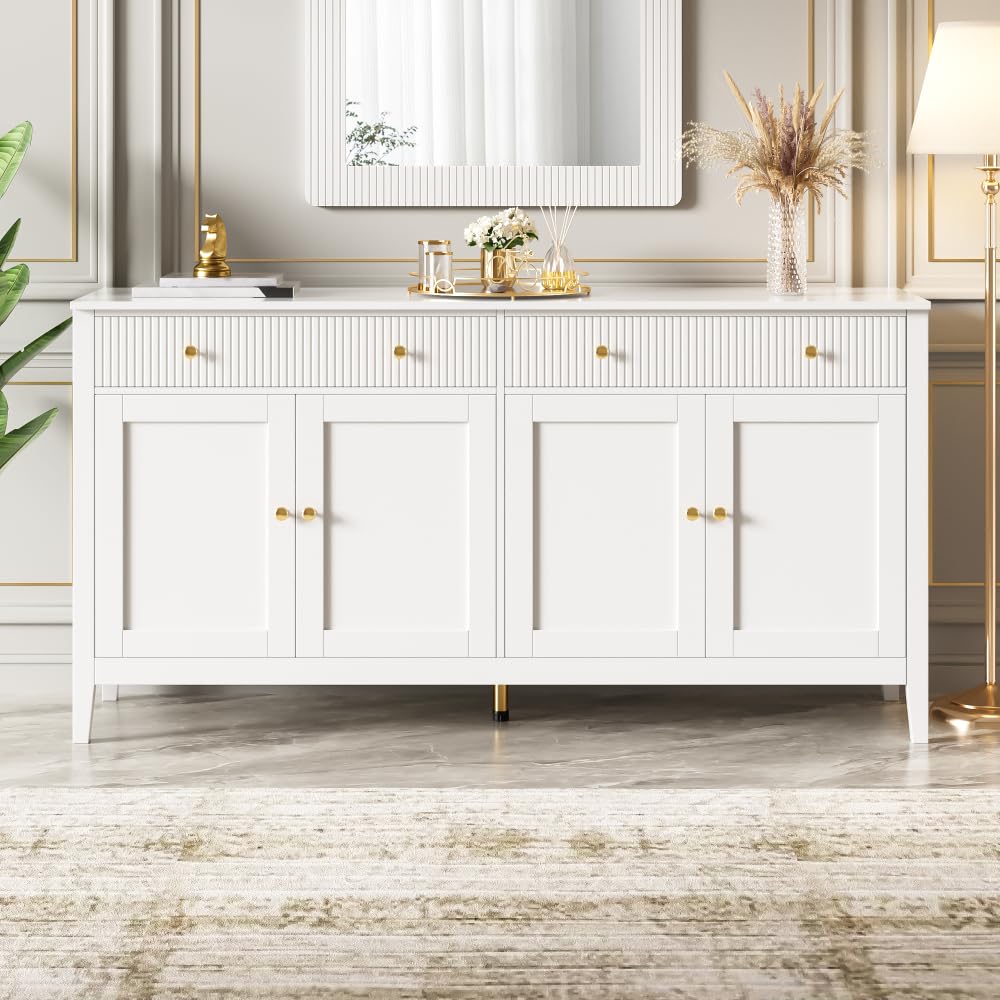 Elegante credenza per sala da pranzo con 2 cassetti e 4 ante, elegante buffet per cucina, sala da pranzo e soggiorno, con maniglie dorate e ampio spazio di archiviazione, bianco