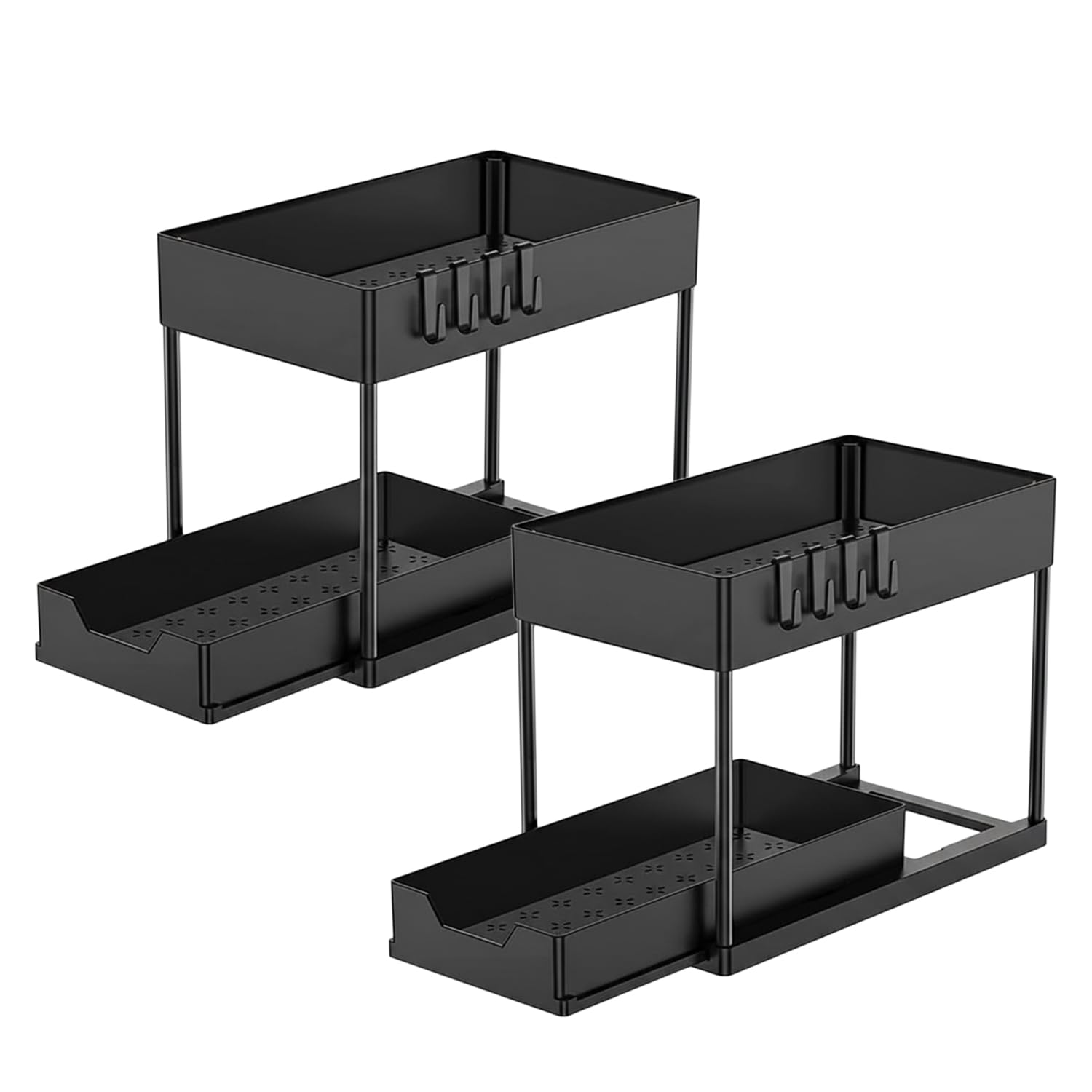 BAHKE 2 Pack Under Sink Storage Organiser – 2 Tier Pull-Out Drawer Shelf with 4 Hooks & 1 Hanging Cup, Multi-Purpose Under Sink Storage Rack for Kitchen, Bathroom & Laundry, Black