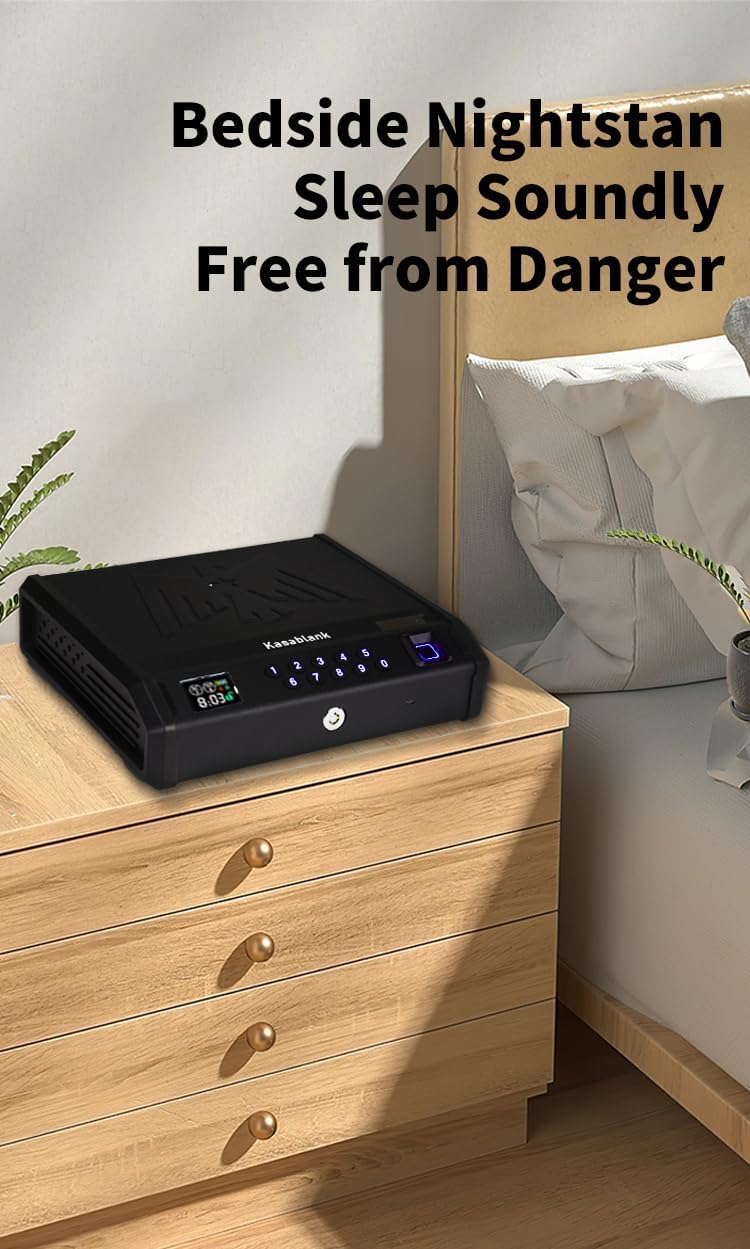 KASABLANK Gun Safe for Pistols - 3 Ways Unlock (Fingerprint/Digital PIN/Key) with Quick Access, LCD Temperature & Humidity Display, Solid Steel Safe for Home, Nightstand, Bedroom, Car and Cloakroom