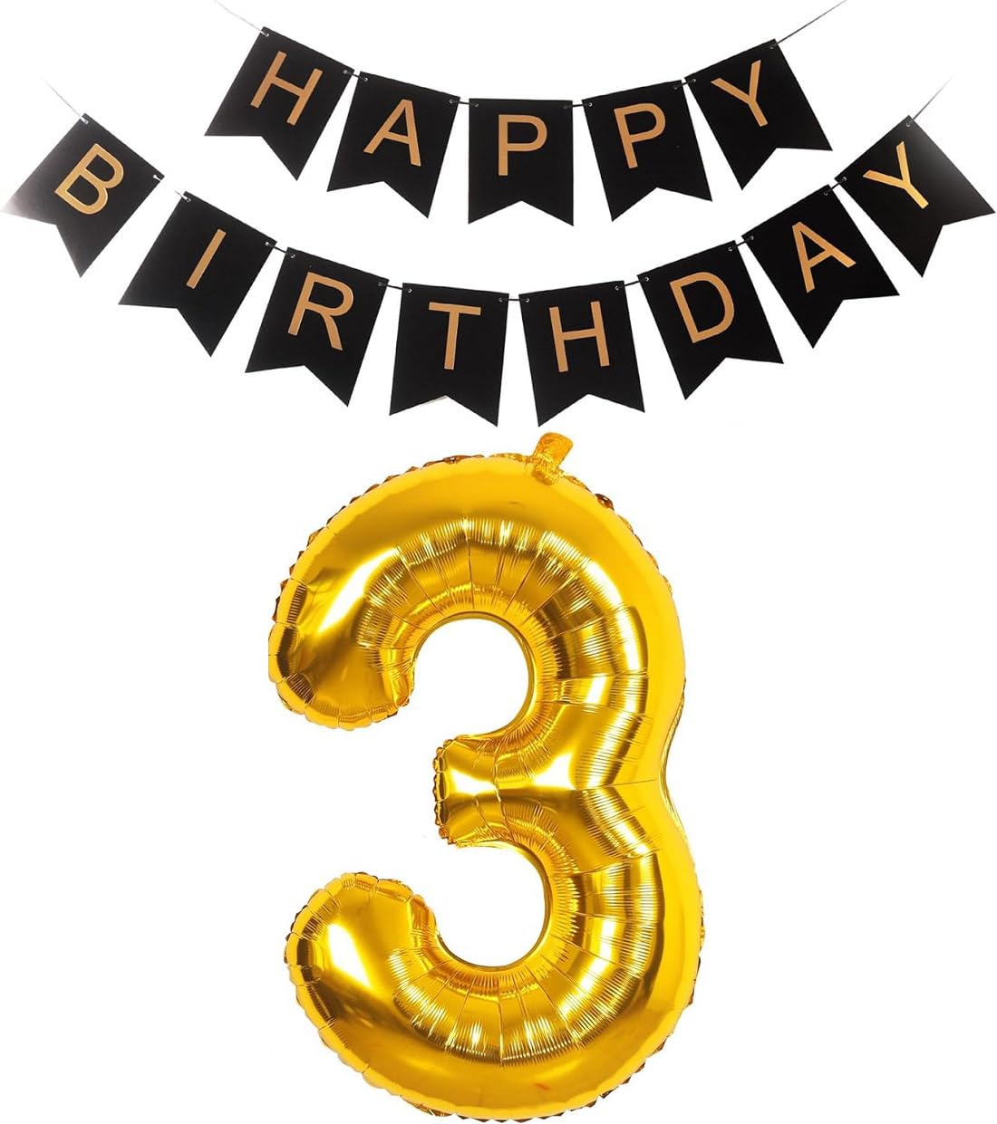 32 inch Giant Gold 3 Number Balloons & Black Happy Birthday Banner, 3rd Birthday Decorations with Bunting Banner & 3 Number Foil Balloons Large for Girl Boy Birthday Party (HBD 3)