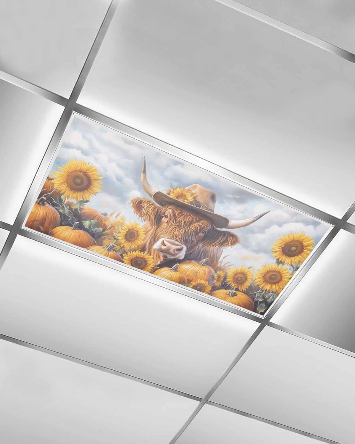 Fall Cow Sunflower Magnetic Fluorescent Light Covers for Ceiling 2 x 4 Feet, Thanksgiving Pumpkin Blue Sky Office Classroom Kitchen Drop Ceiling Light Covers Lighting Filters Shade Panel 2 Packs