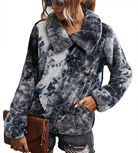 AUSUN Women's Fleece Sherpa Pullover Sweatshirt Lapel Neck Oblique Zip Up Leopard Fuzzy Coat Outwear with Pockets Black Blue