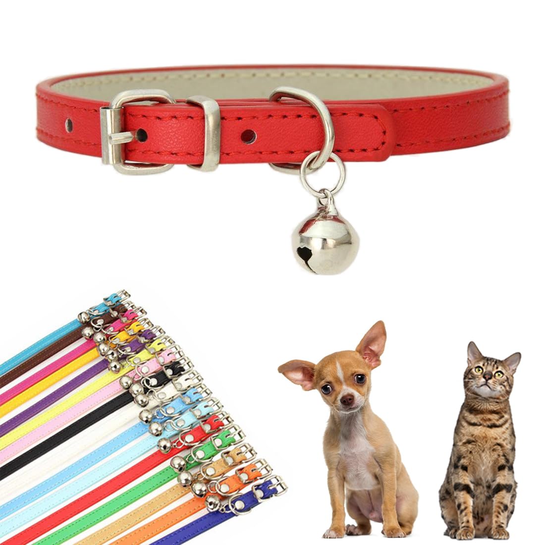 Red XXS Dog Collar with Bell, Faux Leather Kitten Collar with Bells Pu Basic Boy Dog Collars for XXS XSmall Small Medium Pet Male Dogs Little Cats