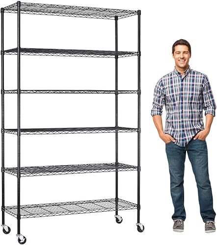 XXkseh Estantería de alambre con ruedas, estantería de metal ajustable de 6 niveles, estantes de almacenamiento resistentes, capacidad de 2100