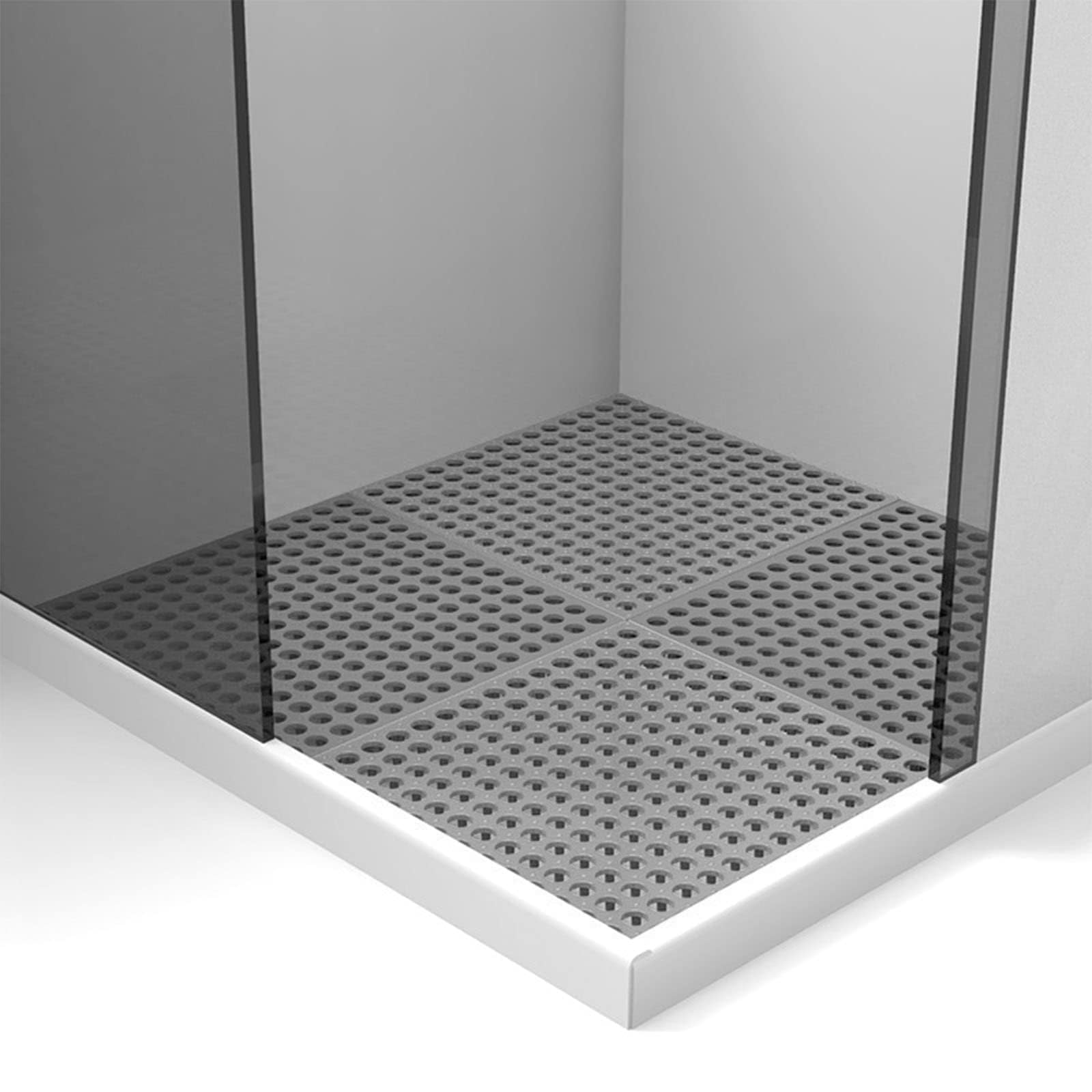 Lot de 16 Tapis de Douche Antidérapants, Dalles PVC 30 x 30 cm, Gris | Caillebotis Drainants en PVC Souple Couvrant 1,44 m² pour Douche Italienne, Baignoire, Salle de Bain et Zones Humides