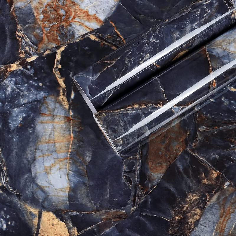 Image of Self Adhesive Gloss Vinyl Wrap Film, High Gloss Marble Furniture Film Wallpaper (24 * 96 inch, Blue Stone)
