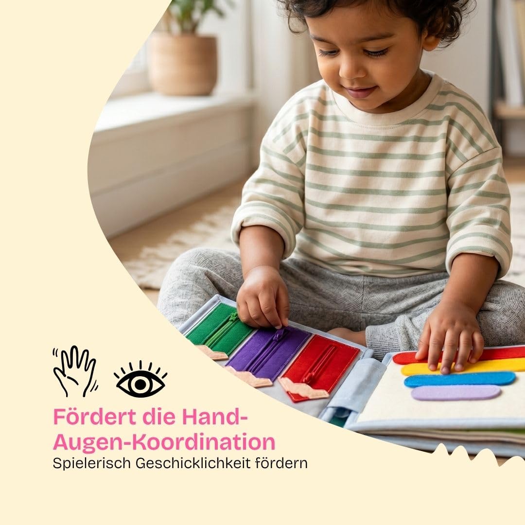 Jolly Designs – Mini Quiet Book Sonnenschein – Montessori Spielzeug ab 18 Monaten – Motorik & Kreativität fördern – Busy Book aus Filz – Handgefertigtes Filzbuch – Perfekt für unterwegs & Reisen