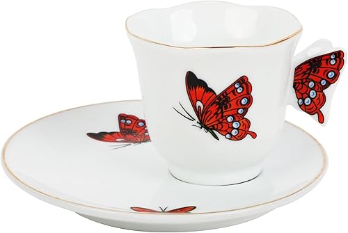 Juego de taza y platillo, mini taza de café con plato de té, diseño de mariposa de cerámica