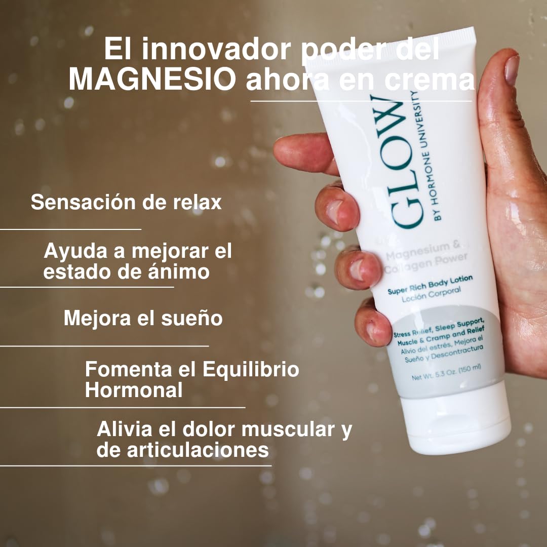 Glow by Hormone University Loción Corporal de Magnesio con Colágeno | Rutina antes de dormir, Concentración más alta de cloruro de magnesio, Cloruro de magnesio genuino Zechstein