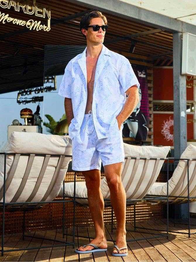 Image of GRECIILOOKS Men's Co Ord Set |Printed Shirt and Shorts Set for Men |Summer Loungewear, Beachwear & Night Suit for Daily Comfort | Nightwear Set for Mens