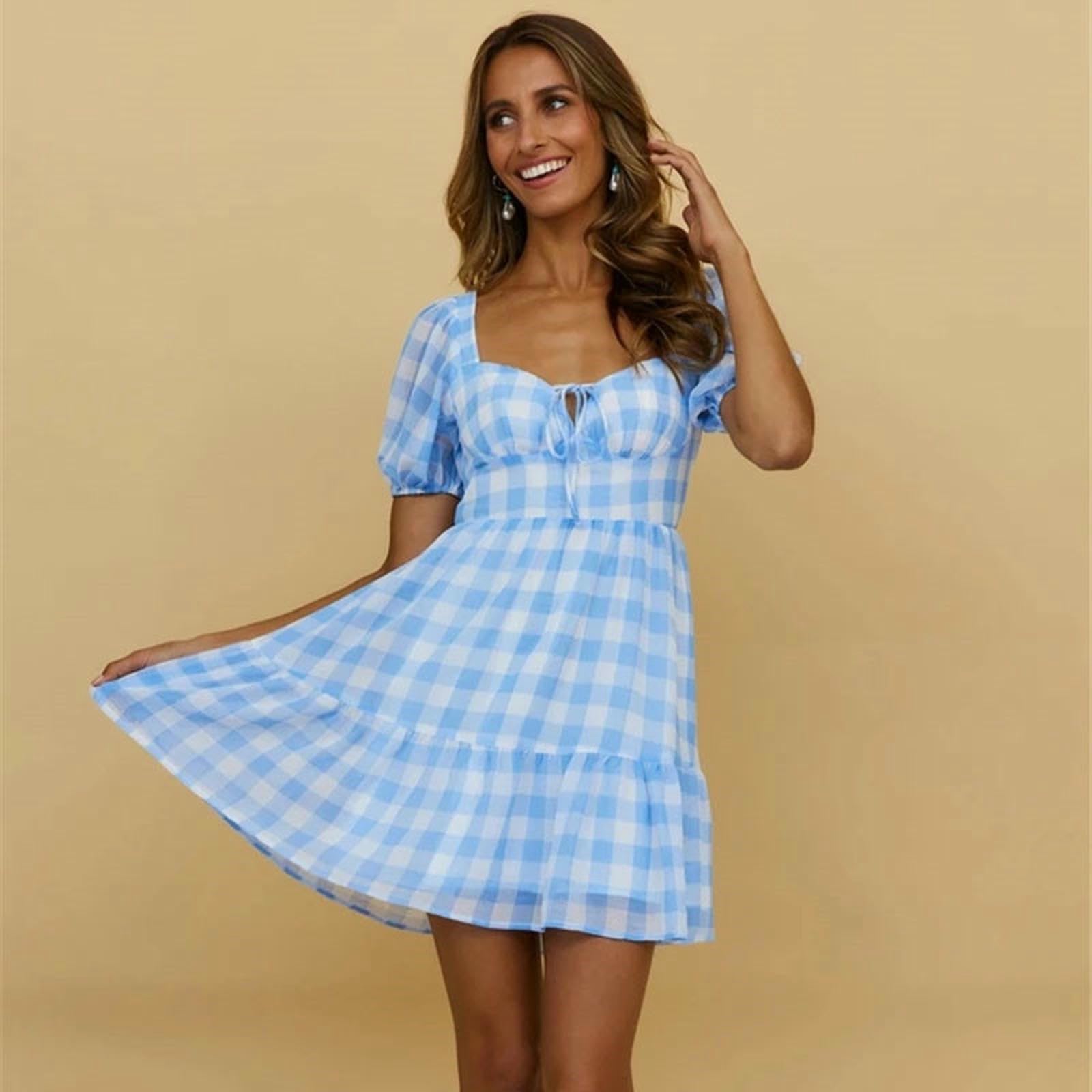 Summer Dresses For Women Women's Square Neck Short Sleeves Open Back Ruffle Dress Casual Beach Holiday