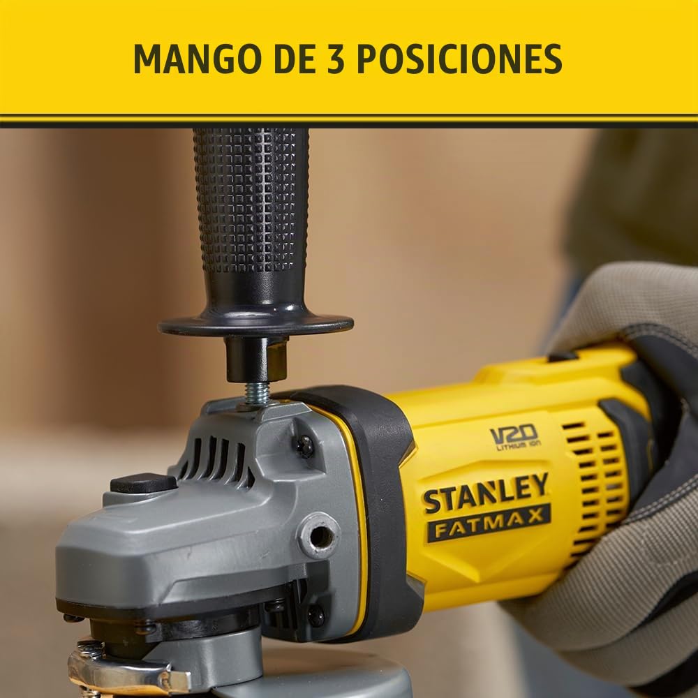 STANLEY FATMAX Mini Amoladora V20 Litio 18V, disco de 125mm, diseño compacto y ergonómico, velocidad 9000 rpm, empuñadura lateral 3 posiciones, sin cargador ni batería, SFMCG400B-XJ