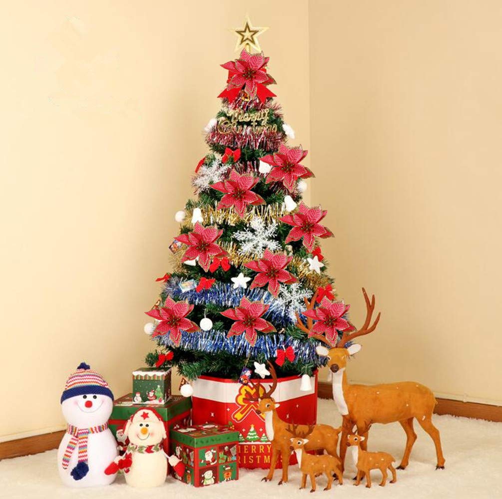 24 Fiori Decorativi Glitterati Per Natale - Per Albero, Tavola E Decorazioni Festive