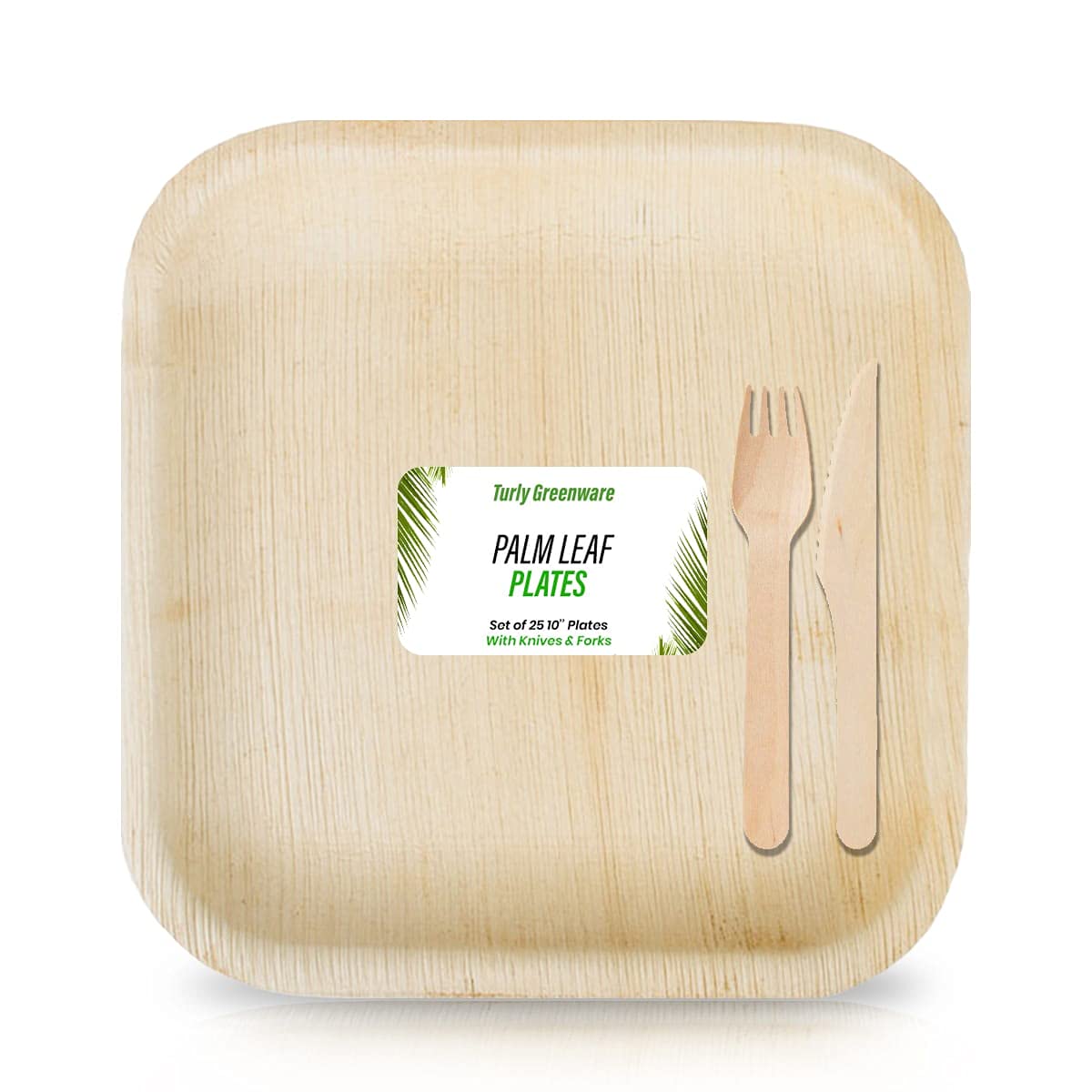Kostr Seggr 25 Pcs of Square Palm Leaf Disposable Bamboo Plates, 25 Plates of 10" with 25 Forks & 25 Knives, Dinnerware Plates for Wedding Party, Camping