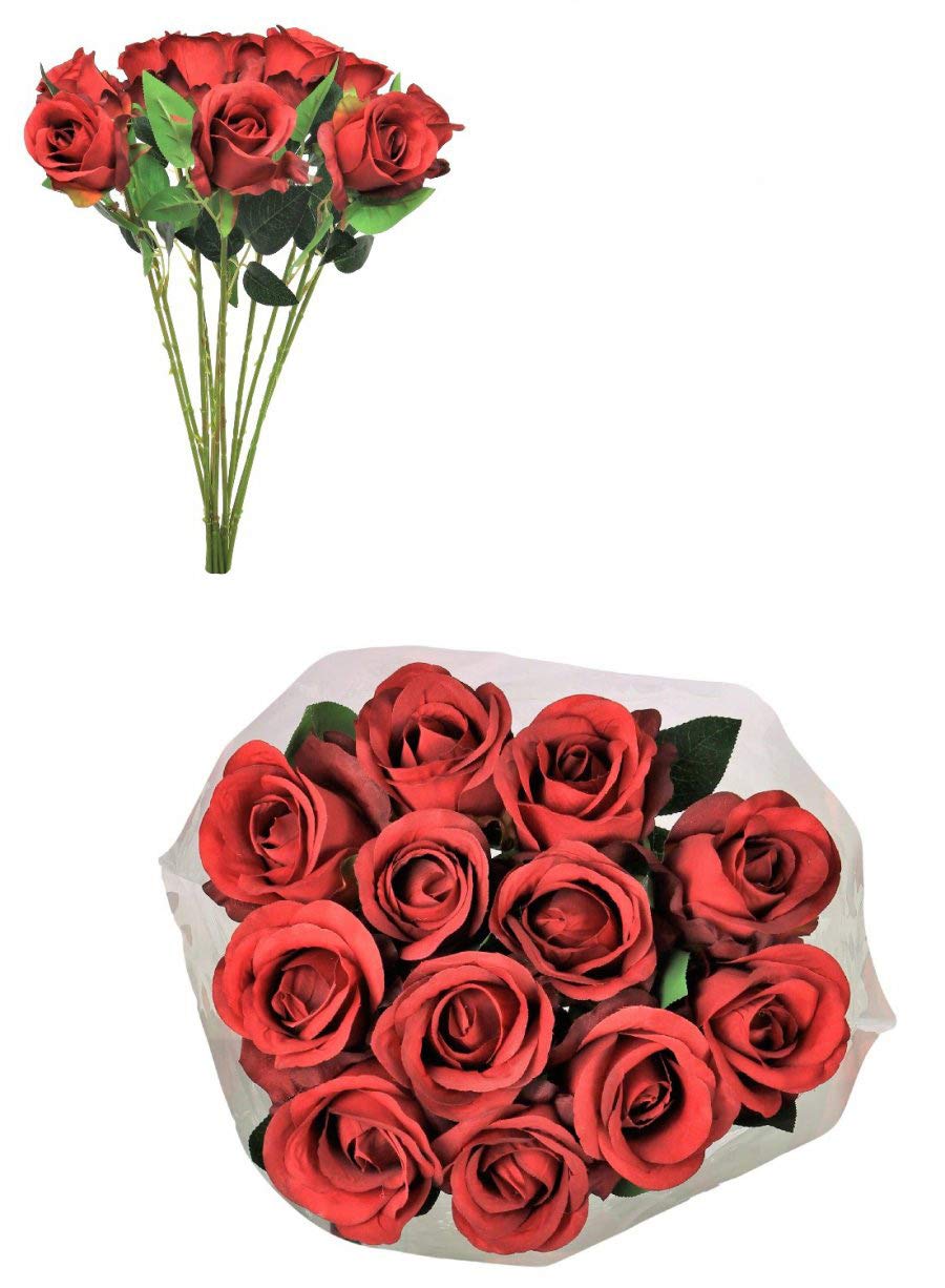 Homestreet Flowers Red One Dozen Silk Rose Bouquet 12 Single Stem Artificial Celia Roses In Ivory Or Dusky Pink In Cello Wrap Eternal Floral Arrangement Gift (Red)