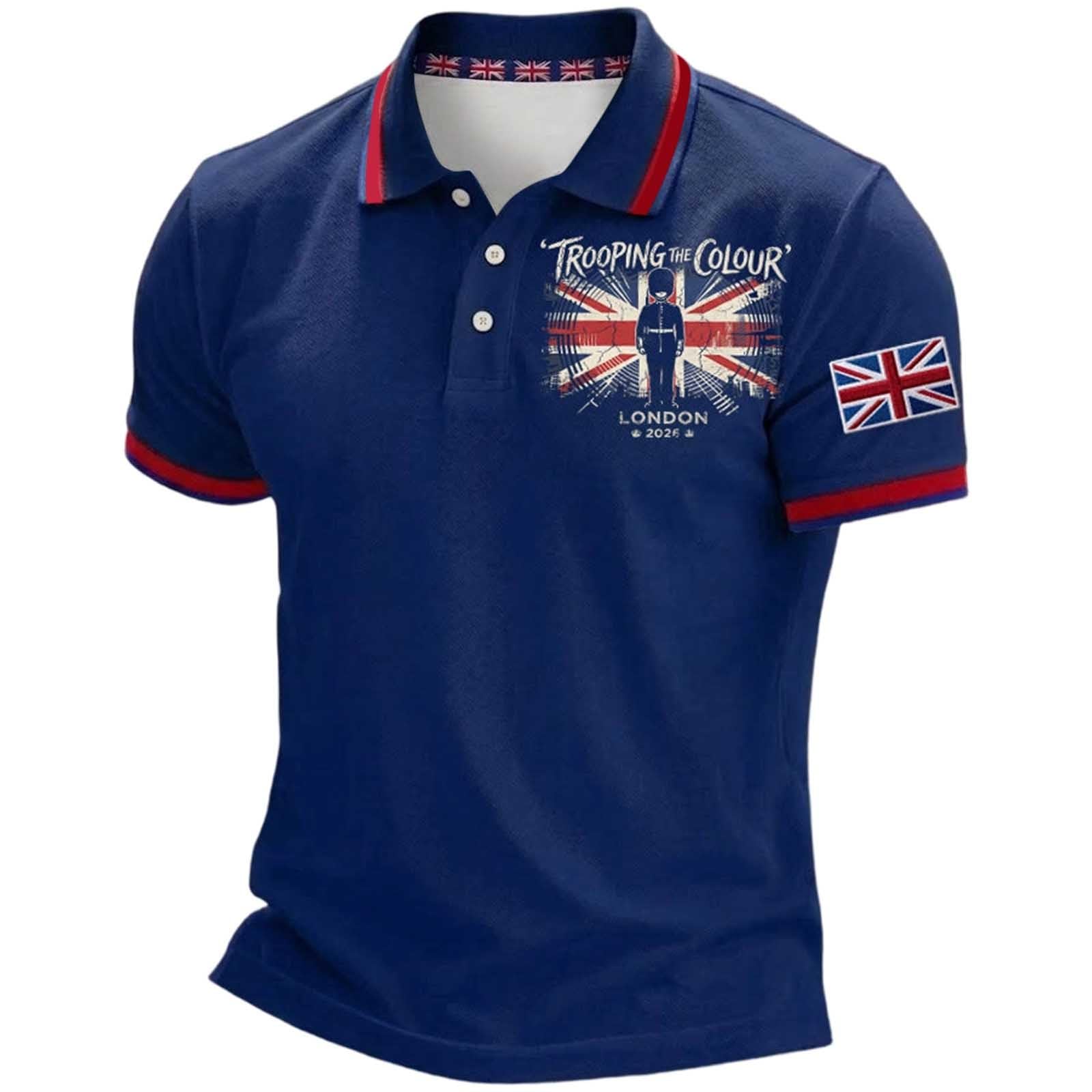 Mens England Polo Shirts Football 2026 Short Sleeve Collared Neck Great Britain Bunting Flags Print Union Jack T Shirt England Football Jersey Tops Breathable Fans Shirts (004-Blue, L)