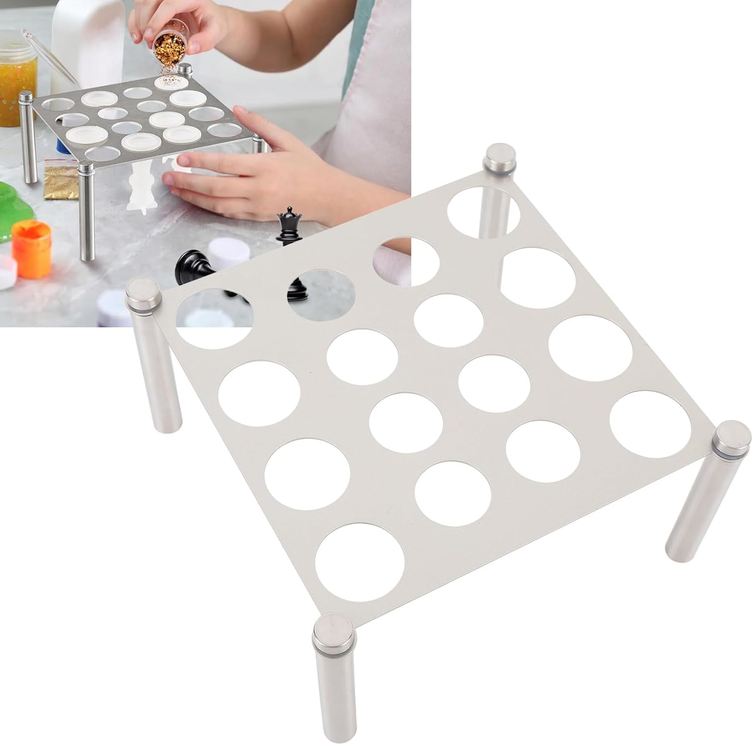 Person adding glitter to silicone chess molds placed in the Fockety Chess Piece Holder.