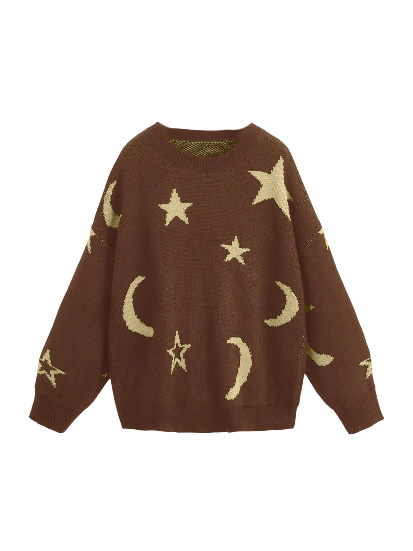 WDIRARA Womens Star Moon Print Long Sleeve Sweater Round Neck Knitted Pullovers Top