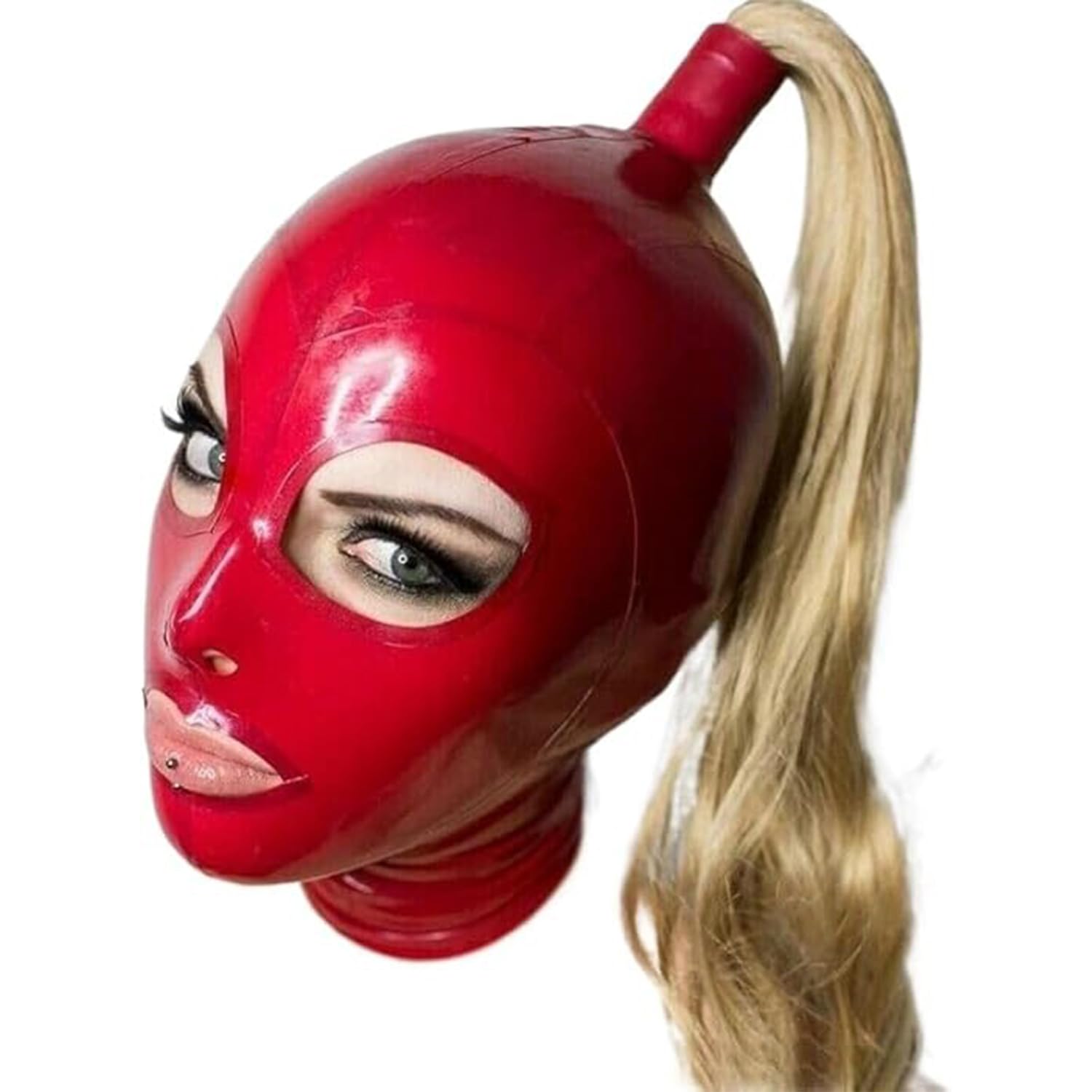 WXLPCGO Latex Hood Latex Head Cover Open Eyes Mouth with Blond Ponytail Wig with Back Zipper BDSM Fetish for Clubwear(Size:M-65CM)