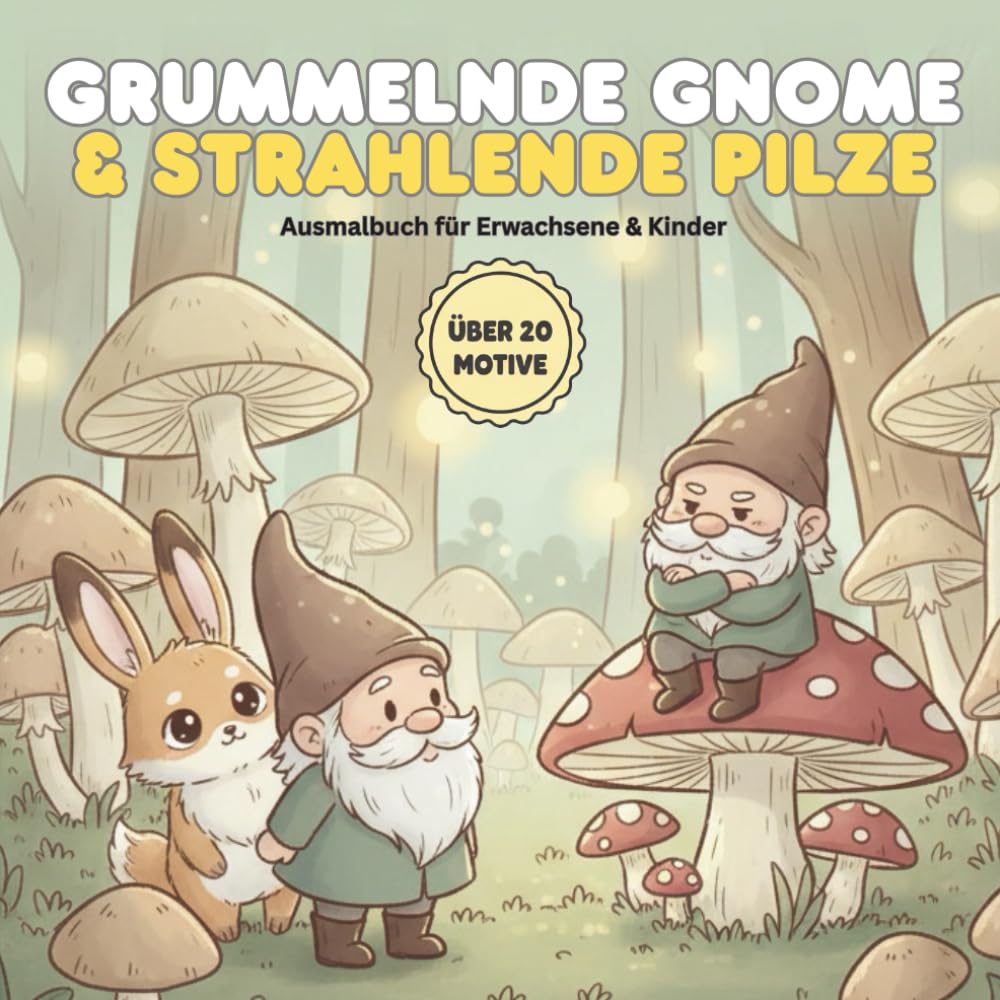 Grummelnde Gnome & strahlende Pilze: Ein Malbuch mit über 20 Motiven für Erwachsene & Kinder | Entspannung im verzauberten Pilzwald