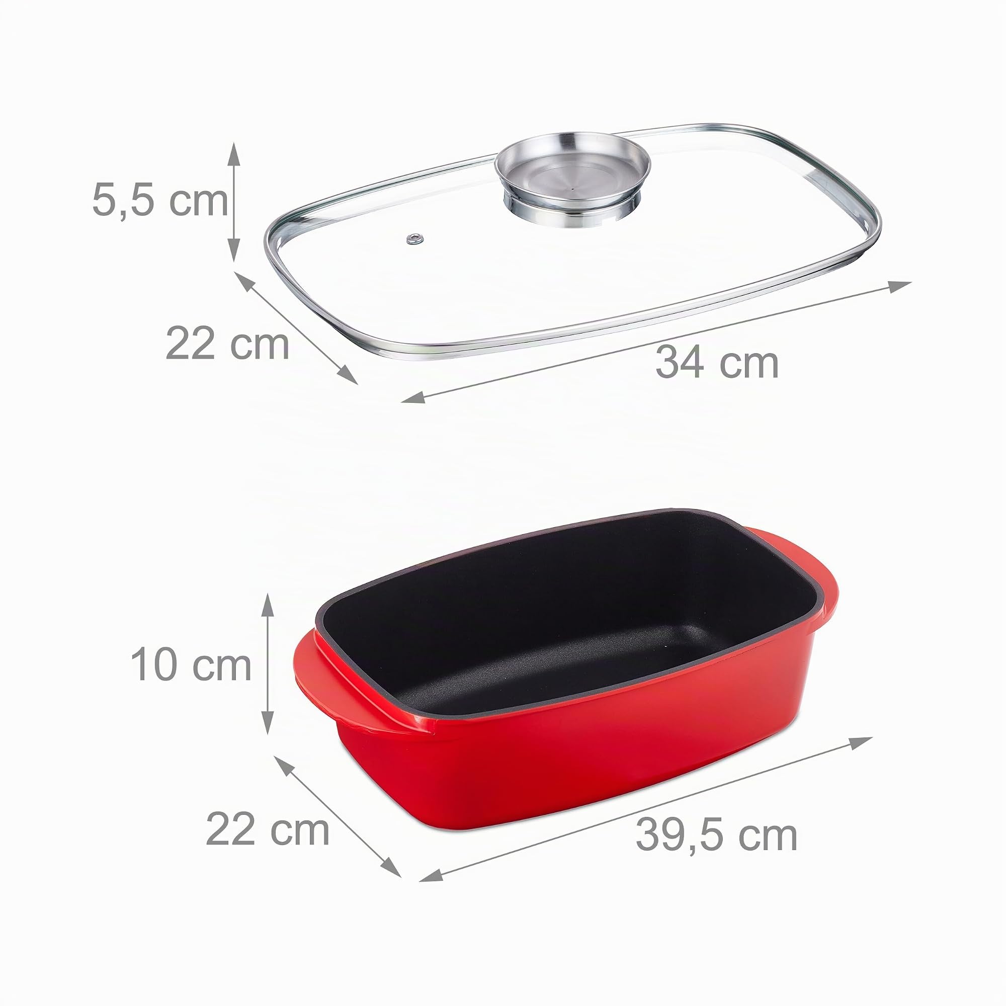 Relaxdays Asador de Horno con Tapa 5 L, Rustidera, Olla Antiadherente, con Botón de Aroma, Placa Eléctrica y Gas, Rojo