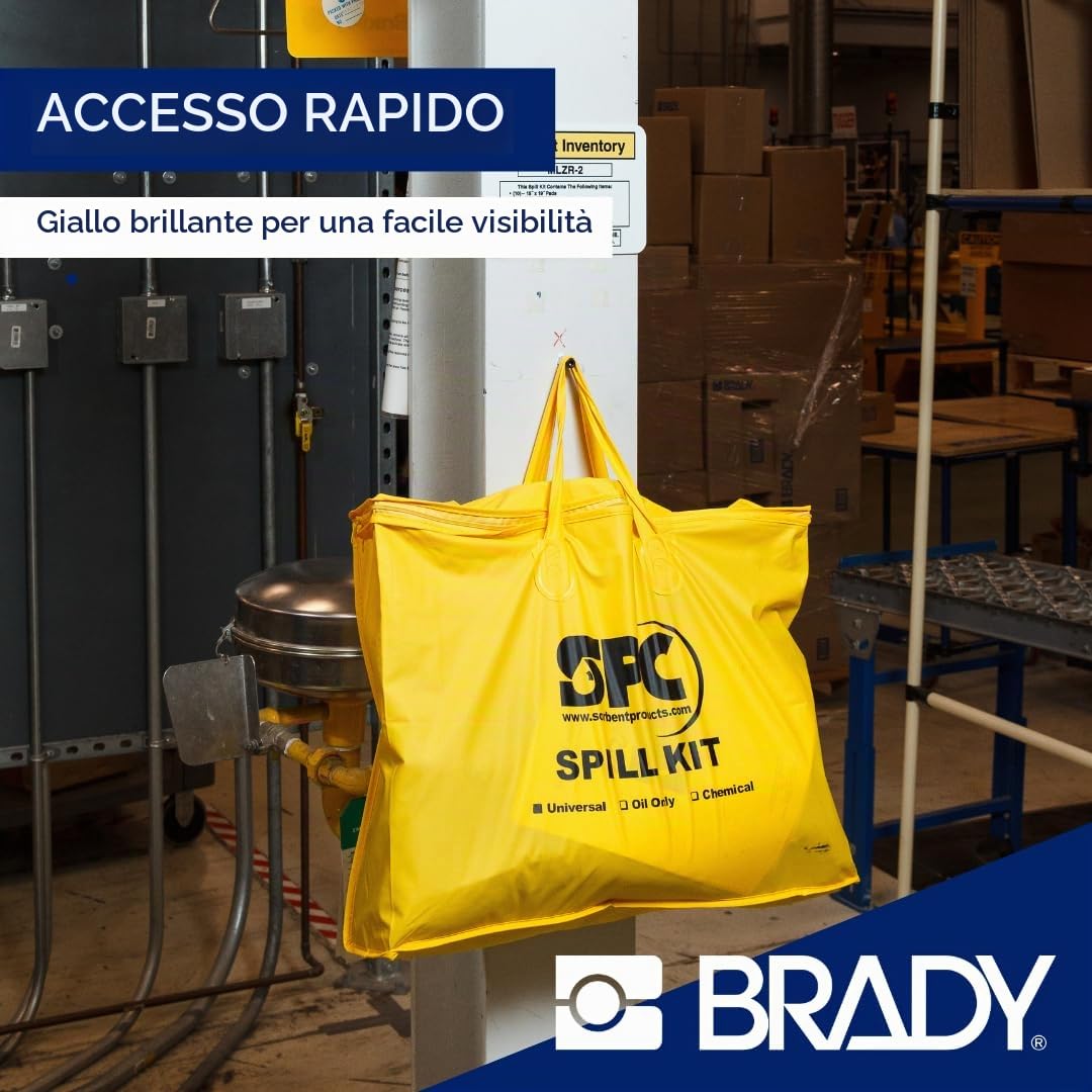 SPC® by Brady Kit Anti-Inquinamento per Oli – Kit Assorbente per Sversamenti di Oli e Liquidi a Base di Petrolio, Include 10 Panni Assorbenti per Olio, 2 Calze, Guanti e Sacco per Smaltimento