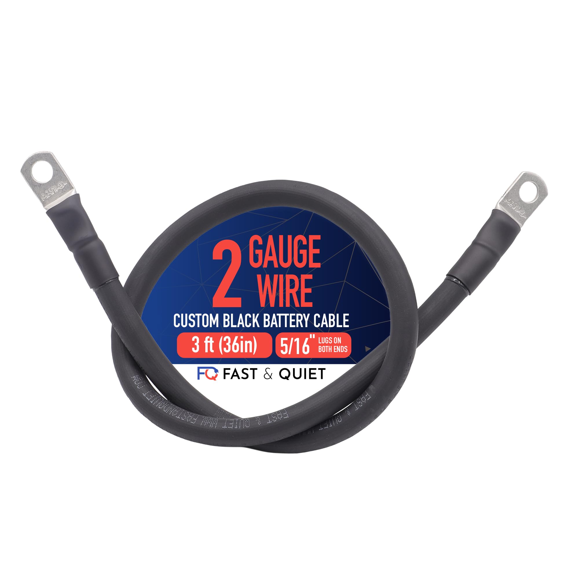 2 AWG Battery Cable with Battery Terminals, Pure Copper Wire, Automotive, Solar Power Inverter, Welding, Golf Cart, Lawn Mower, Motorcycle (Black Wire, 3 FT (36 in), 5/16" Lugs on Both Ends, 1pc)