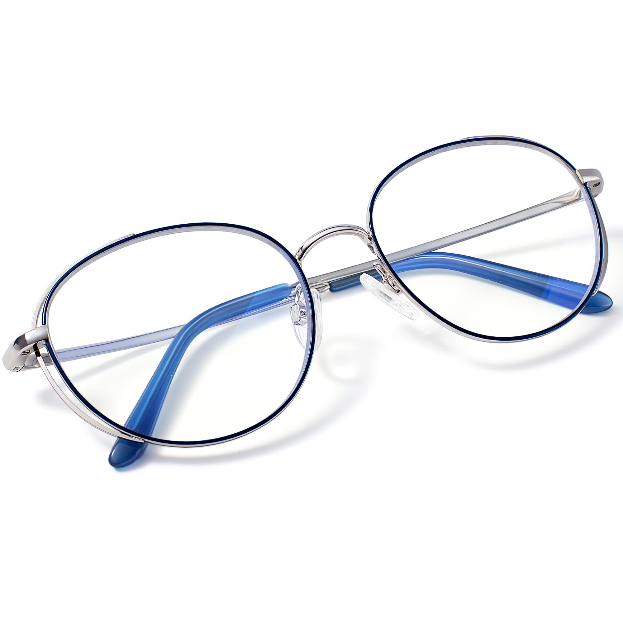 Madison AvenueRetro Round Blue Light Blocking Glasses with Case for Women ,Designer Metal Computer Eyeglasses Blue