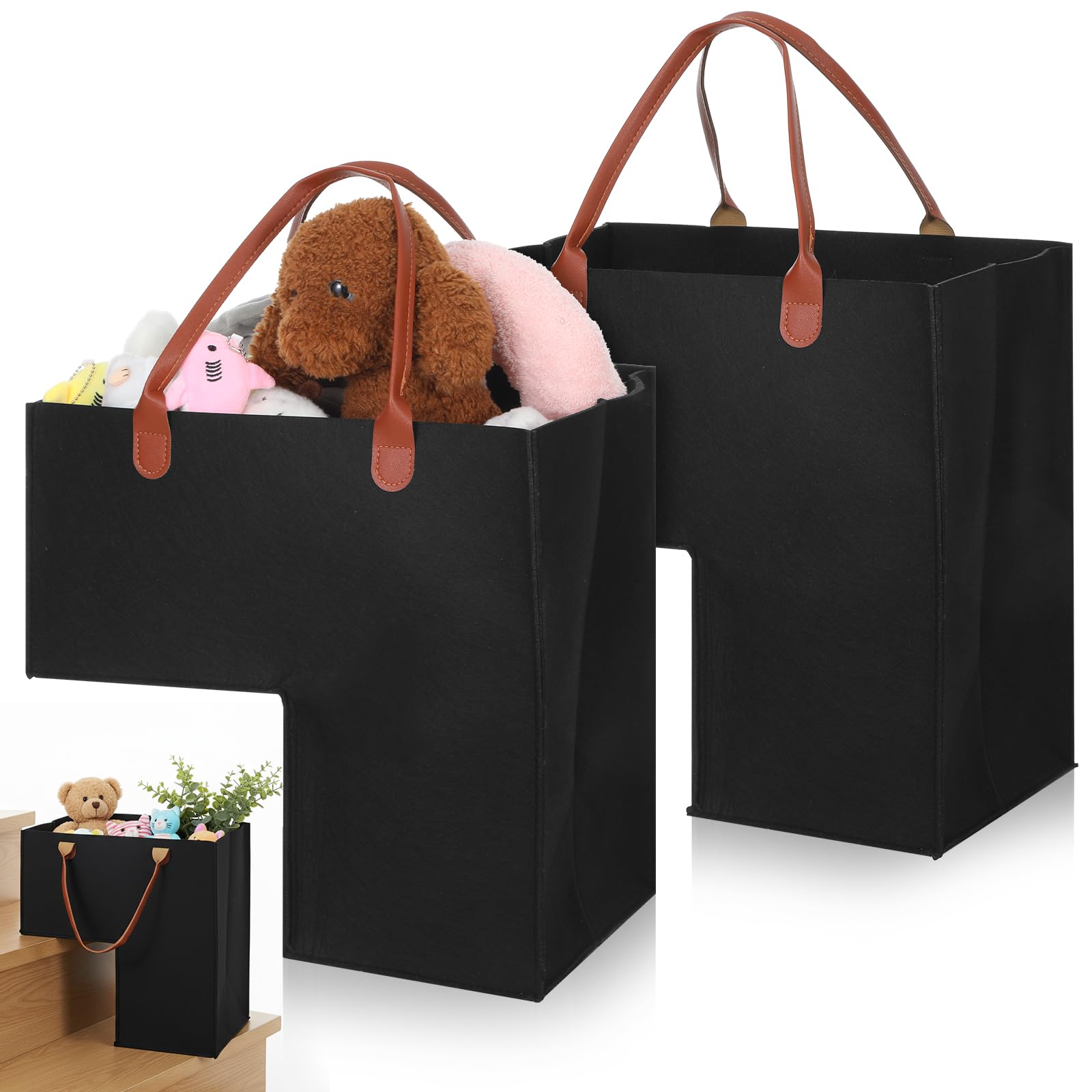 Photo 1 of 2 Pack Stair Basket with Leather Handle, Upgraded Foldable Step Basket Bins for Stairs, Felt Staircase Storage Organizer with Supporting Insert for Carpeted Wooden Stair, Book, Clothes, Computer
