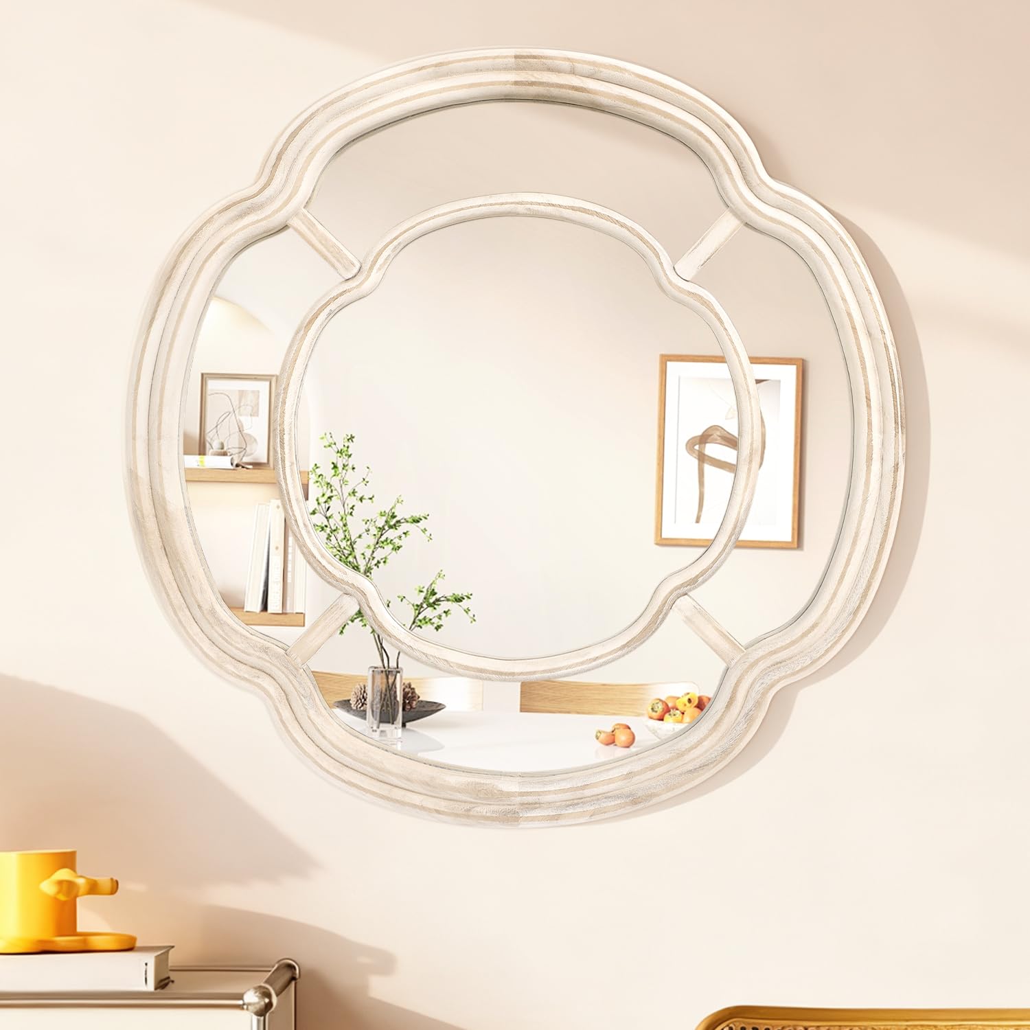 Lzuso White Irregular Mirror, Wall Mounted Wavy Circle Large Mirror Wood Frame Round Hanging Decorative Mirros For Entryway Living Room Vanity And Bedroom, 60X60 Cm Home Decor