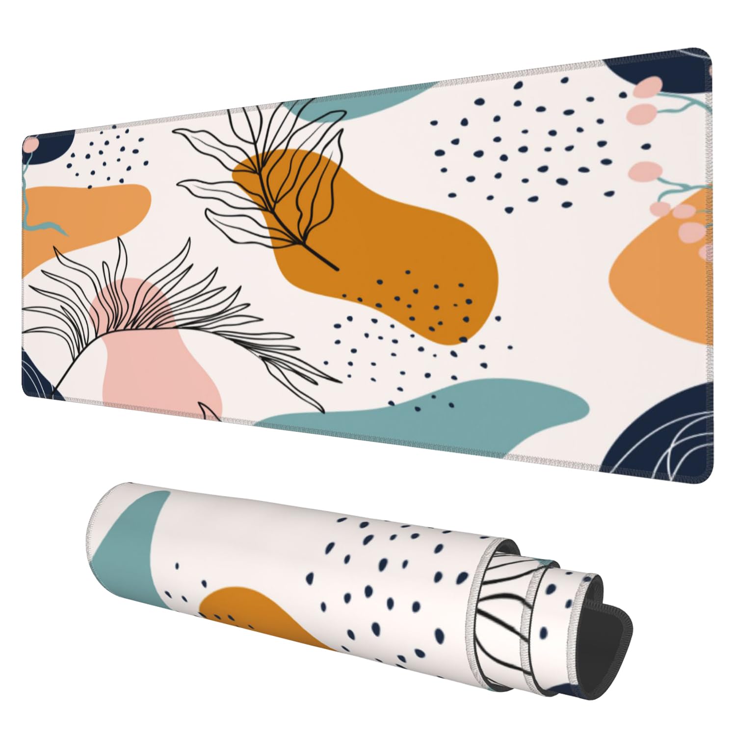 Desk Mat, Boho Abstract Leaves Extended Gaming Mouse Pad Large, 31.5"x11.8" Big Mouse Pad with Non-Slip Base and Stitched Edge, Long Computer Keyboard