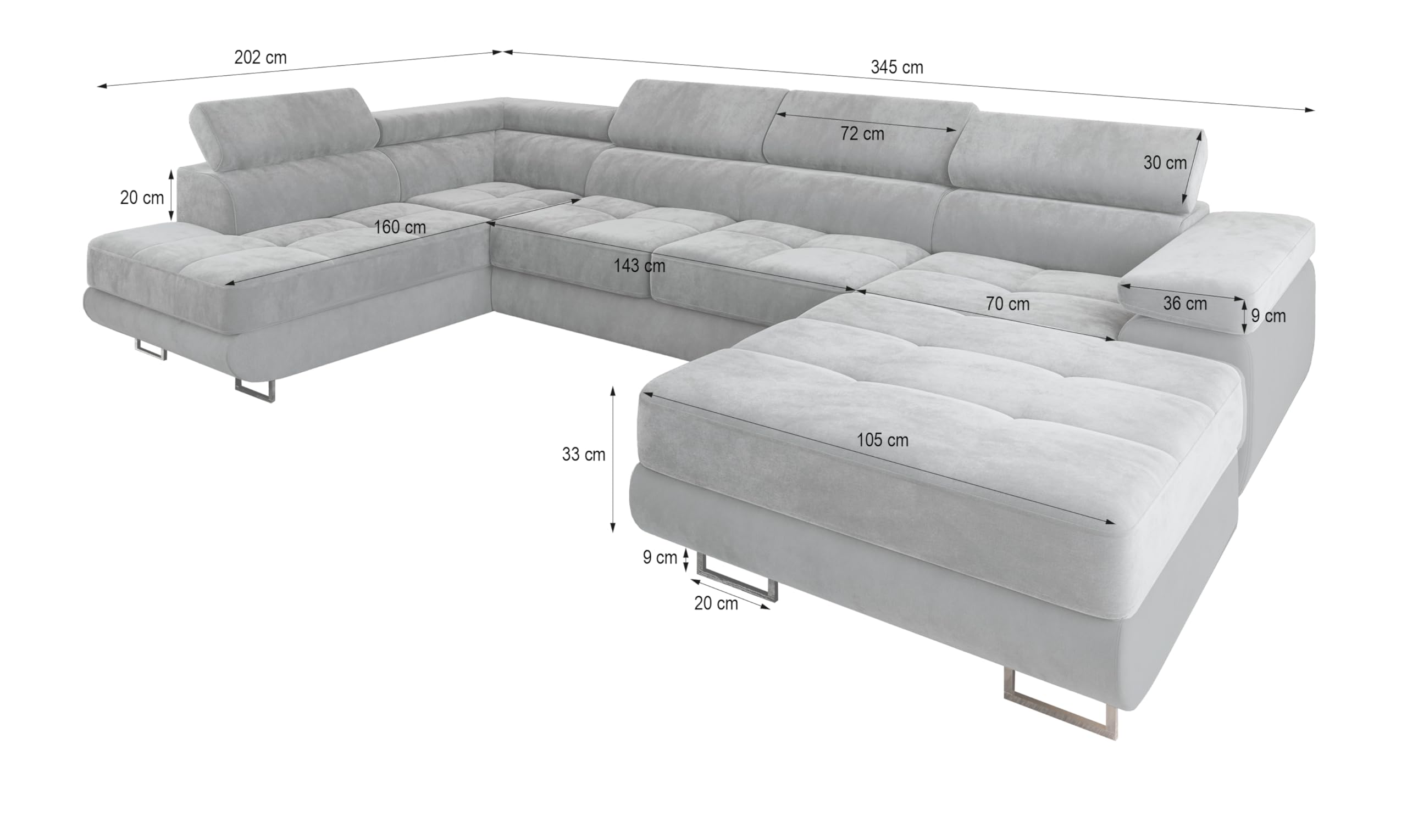 Masseno Ecksofa CASONE L-S mit Schlaffunktion U-Form, Sofa mit Bettkasten, Wohnzimmersofa, Couch, Soffa, Bettsofa, Couchgarnitur- Grau, Monolith 85