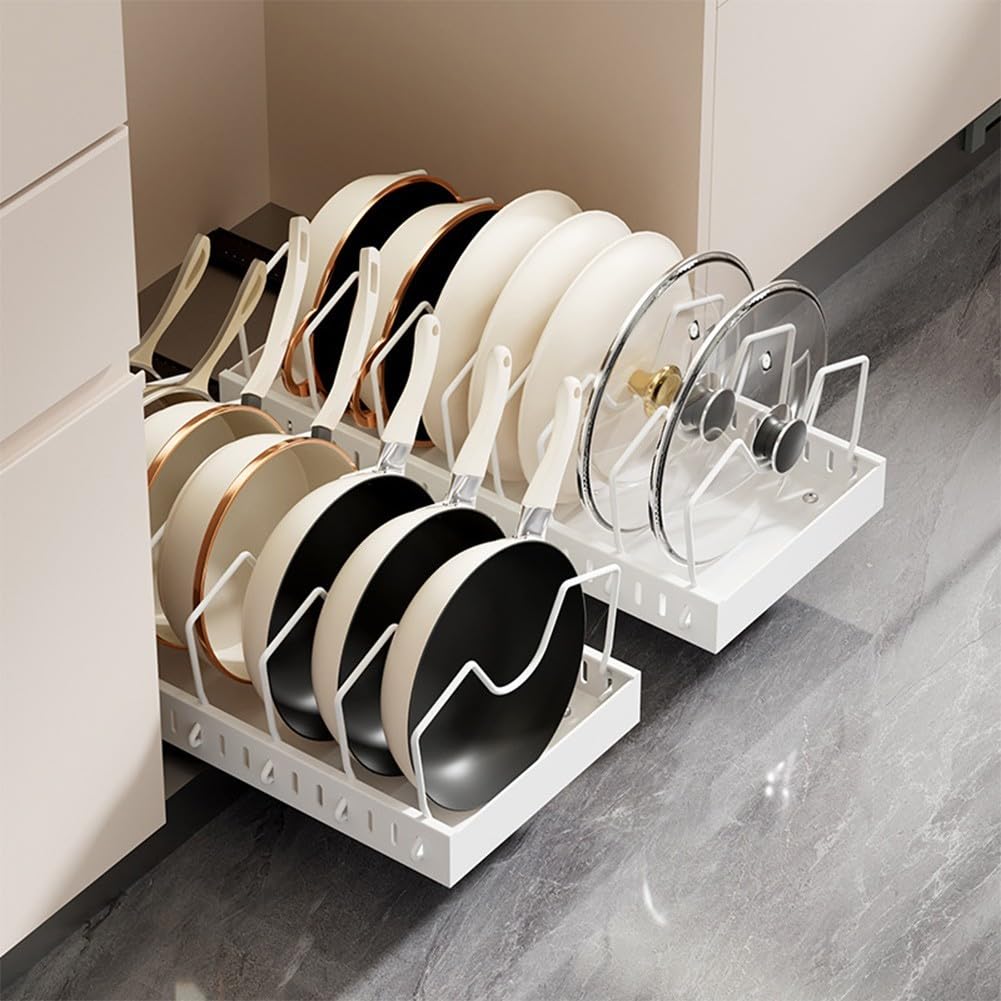 Scaffale scorrevole estraibile per mobili da cucina, progettato per contenere pentole, padelle, coperchi e set di piatti (B nero)