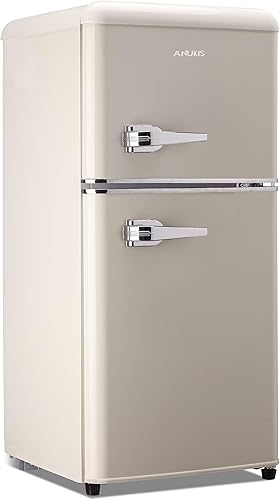 Anukis Mini refrigerador con congelador de 3.5 pies cúbicos y 2 puertas para apartamento, dormitorio, oficina, familia, sótano, garaje, color crema