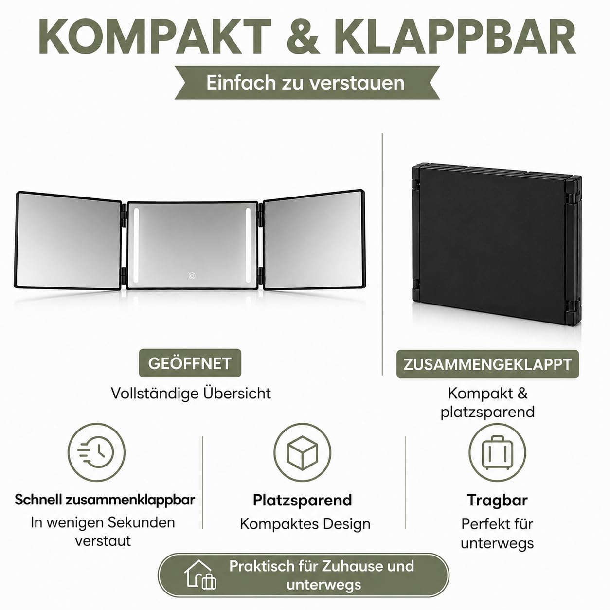 Self Cut LED Beleuchtet Haarspiegel 360° Drehbare Triptychon Design Hängend für Tür Selbst Schneiden Make-up Rasieren Kompakt Faltbar 100470