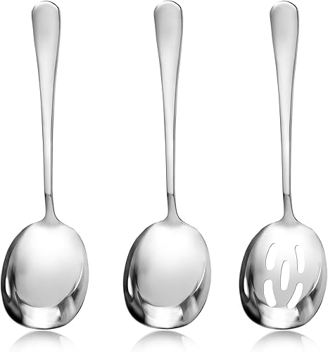 Juego de 3 cucharas grandes para servir, cuchara de servir de acero inoxidable, utensilios de servir, cucharas de sopa de mango largo, juego de