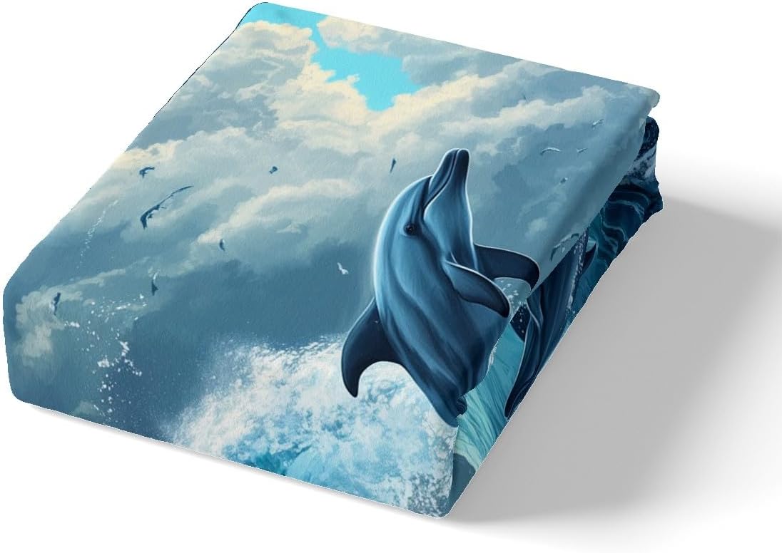 Dolphin Duvet Cover Set Toddler,Ocean Waved Jumping Dolphin Comforter Cover 2pcs for Boys Teens,Nauticall Sea Animal Quilt Cover,1 Pillowcase(No Comforter),Seaside Farmhouse Style Quilt Cover