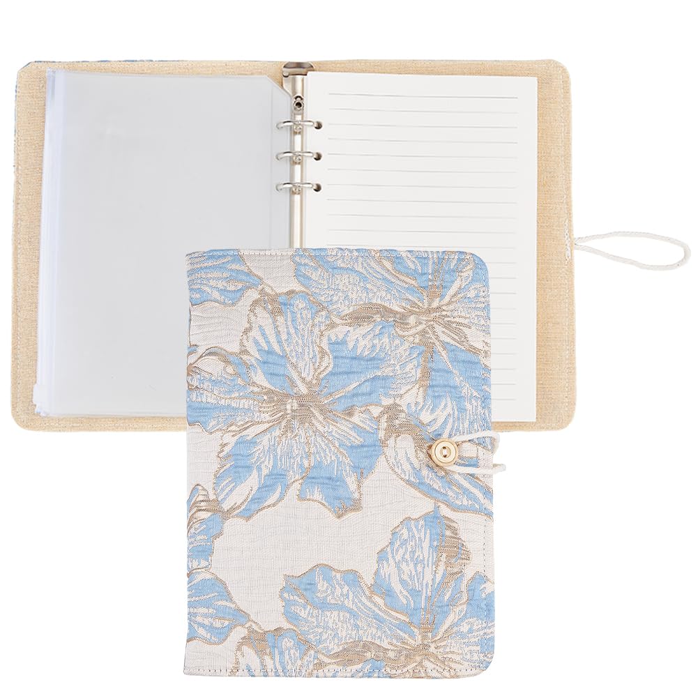 SUPERFINDINGS Embroidered Journal A5 Light Blue Flower Notebook 6 Ring Binder Cloth Refillable Notebook with 90 Lined Paper and 10 PVC Zipper Pockets for Women Planner Binder Back to School Gift