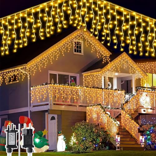 Hulaiyaa Luz de Carámbano 5M, 8 Modos Guirnalda Luces de Cascada Enchufar Prolongable, 256 LED Iluminación de Cascada Carámbano Luces Navideñas,Cortina de Luz Exterior con Función de Memoria