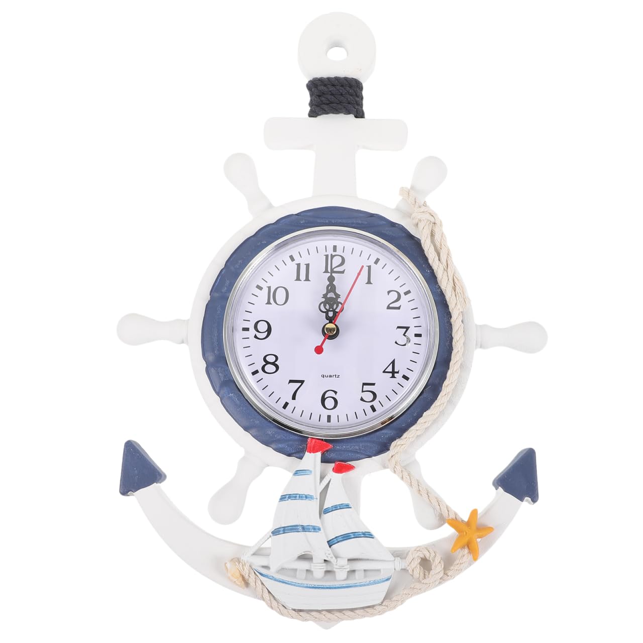 WINOMO Anchor Wall Clock Beach Themed Decor Mediterranean Style Sea Theme Nautical Ship Wheel Rudder Steering Hanging Decoration Silent Ticking 13.19X8.86X1.18In