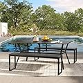 VICLLAX Patio 3 Pieces Outdoor Dining Set, Outdoor Metal Table and Bench Set, 59" Dining Table with Umbrella Hole and 53" Long Backless Bench for Lawn, Garden, Porch, Black